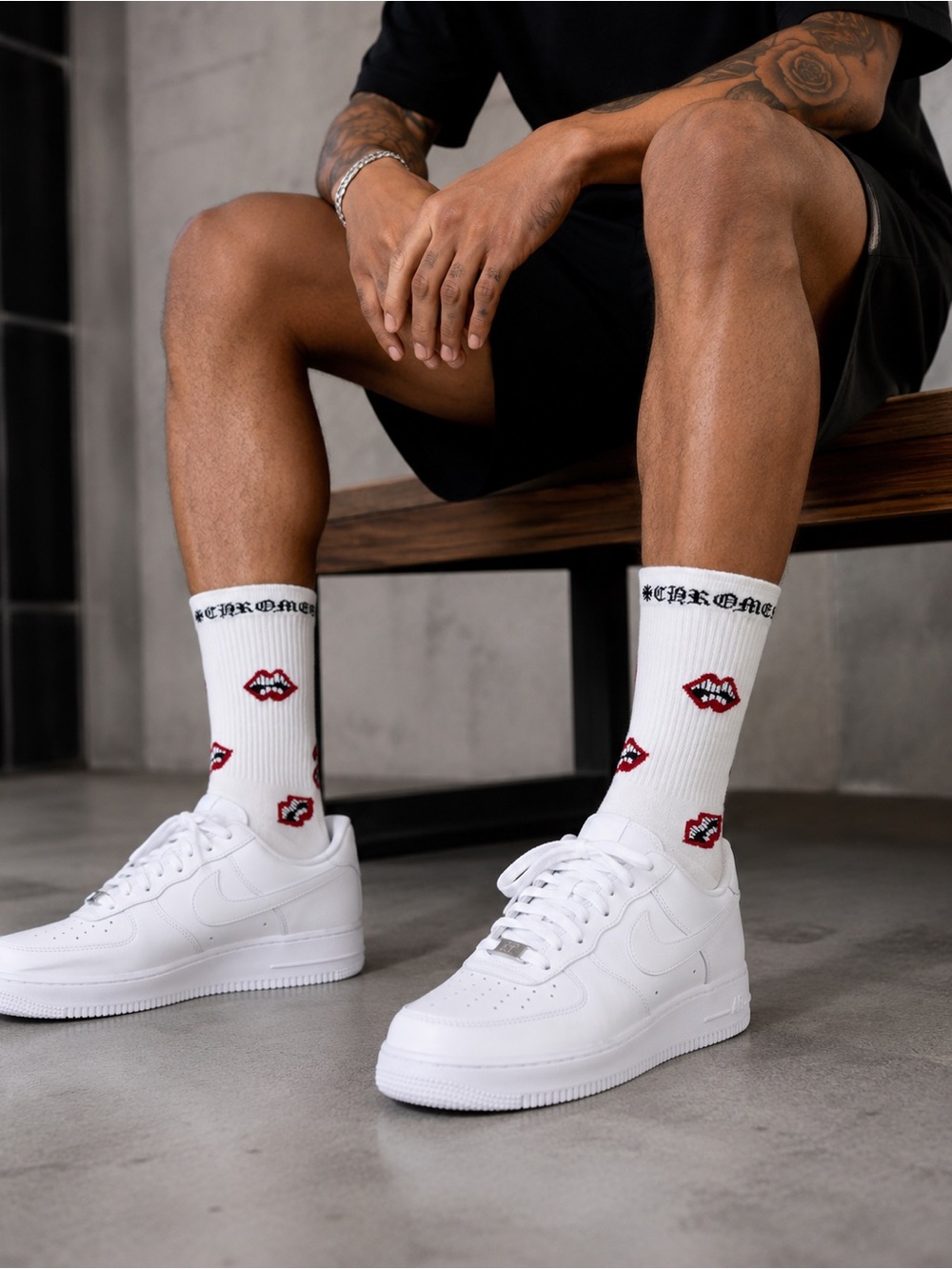 Chrome Hearts Chomper White Graphic Crew Socks with Red & White Lip Motif